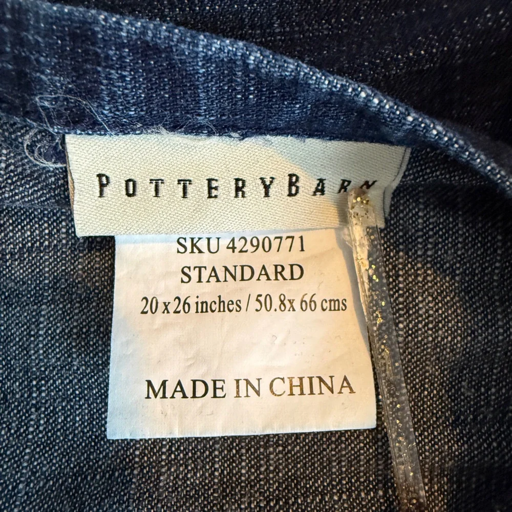 Pottery Barn Heavyweight Denim Pillow Sham Indigo Blue Framed Rustic Coastal EUC